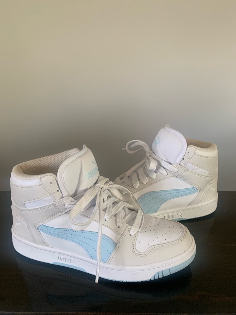 Puma White and Light Blue High-Top Sneakers